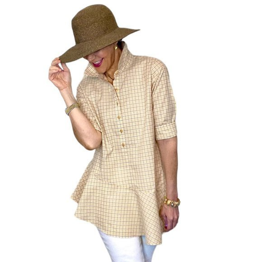 Joan Rivers 20W Yellow Plaid‎ Check Cotton Asymmetrical Hem Button Tunic Plus 1X